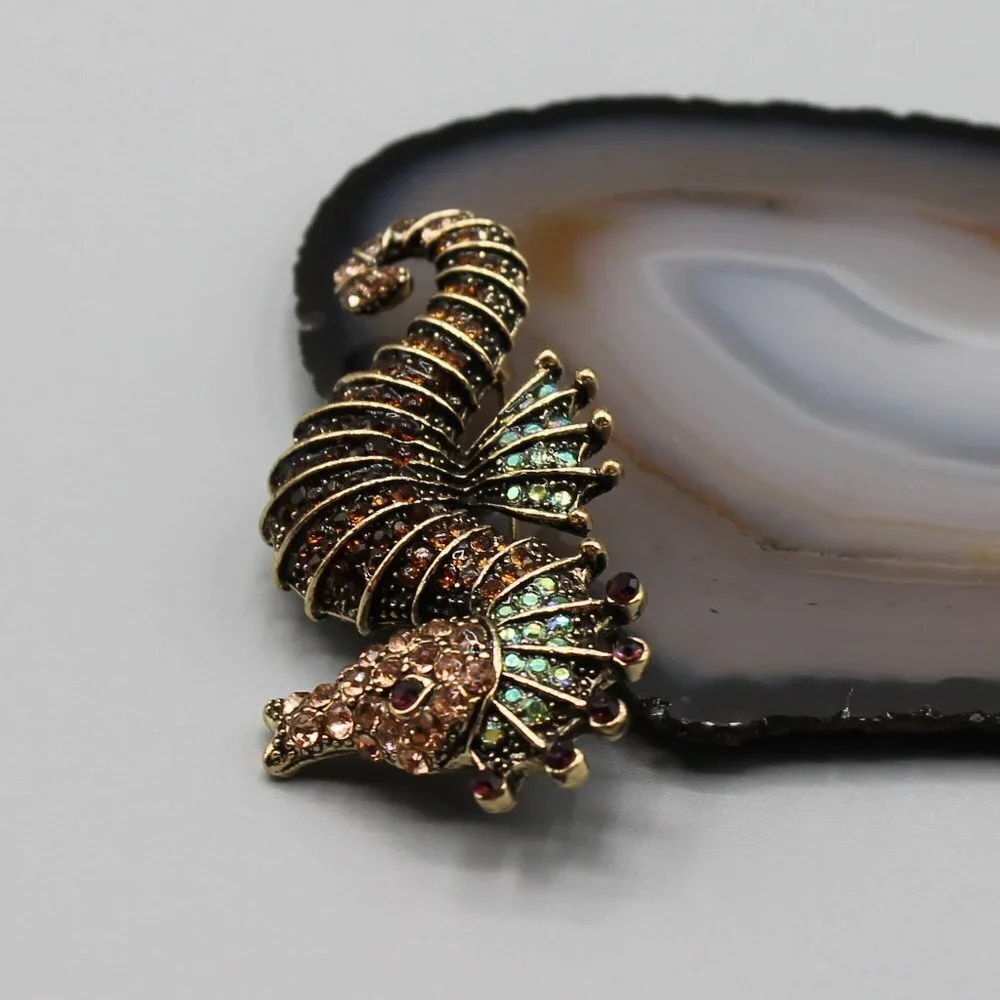 Jewelry pin brooch seahorse water animal crystals gold tone brown green new